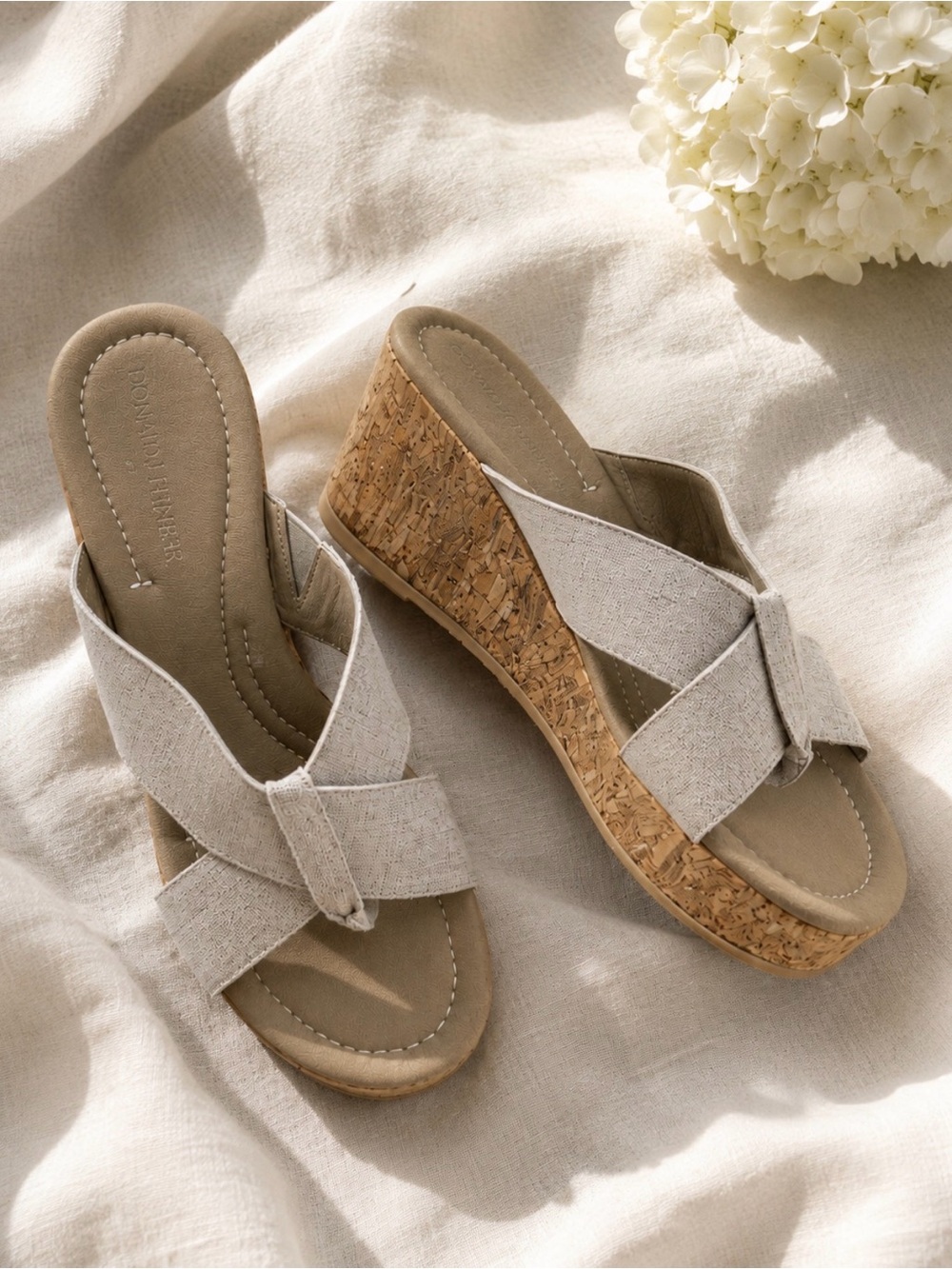 Donald J Pliner Shima Beige Grey Shimmer Cork Wedge Slide Sandals  Size 8.5